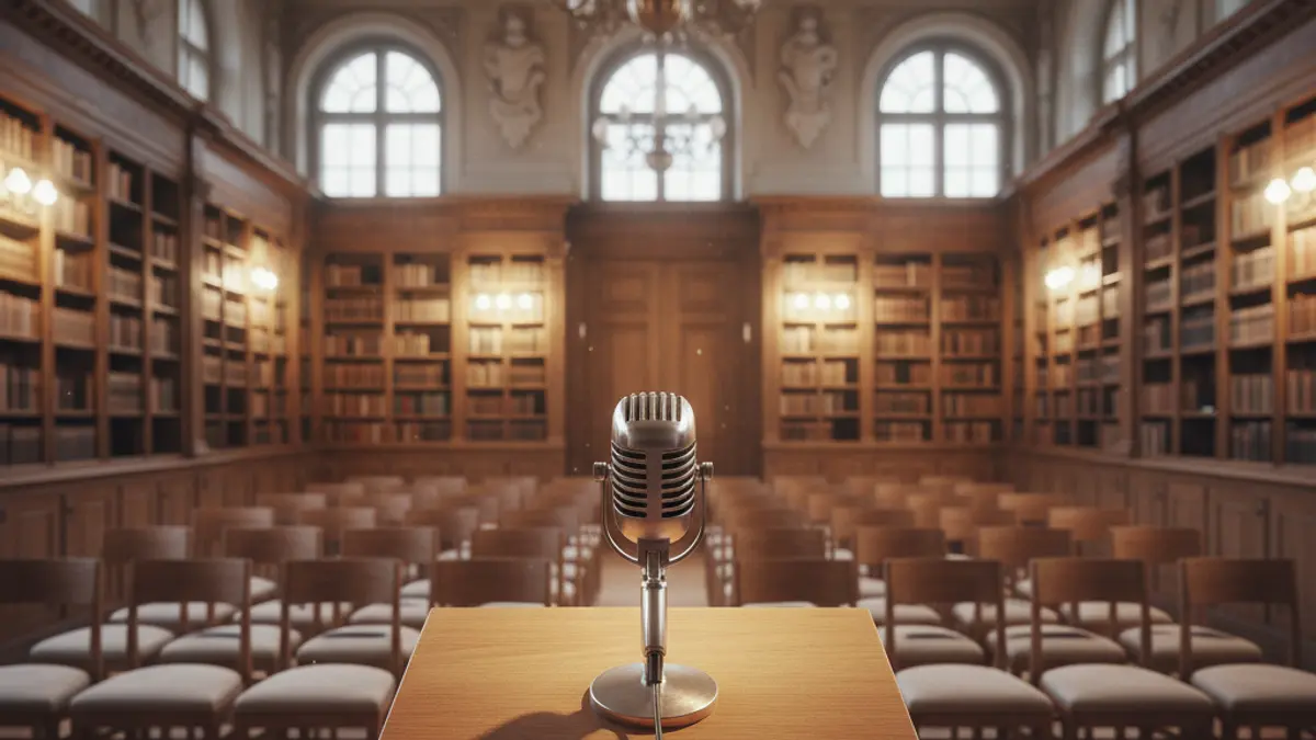 Generic image of a microphone on a podium in a cultural setting.