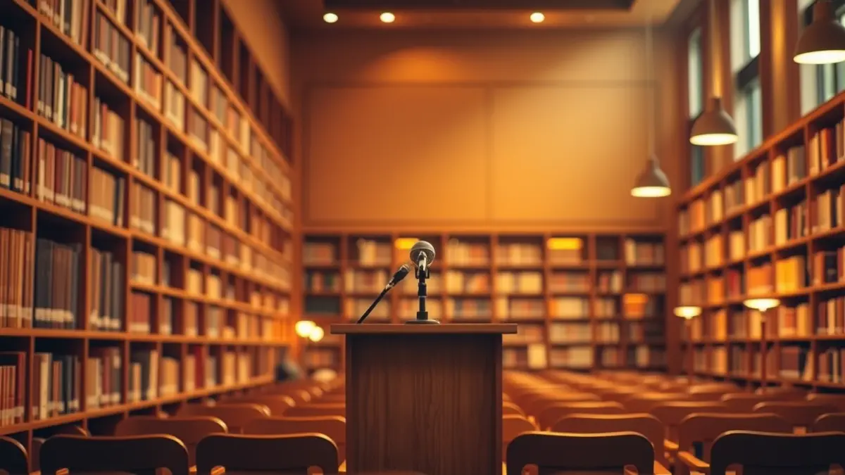 Imatge genèrica d'un podi amb un micròfon en una sala de conferències o biblioteca, amb prestatgeries de fons.