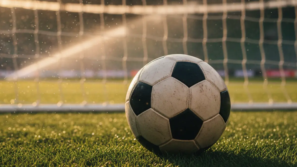Generic image of a soccer ball on grass, with a blurred goal in the background.