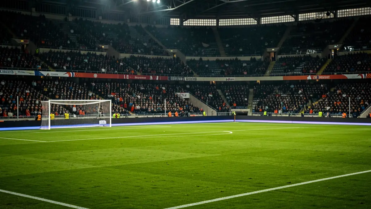 Generic image of a Catalan football stadium with dramatic lighting.