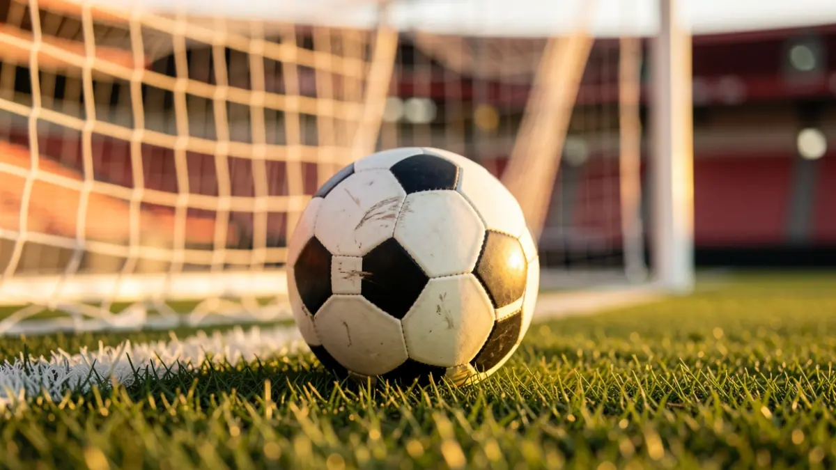 Generic image of a soccer ball on grass in a stadium.