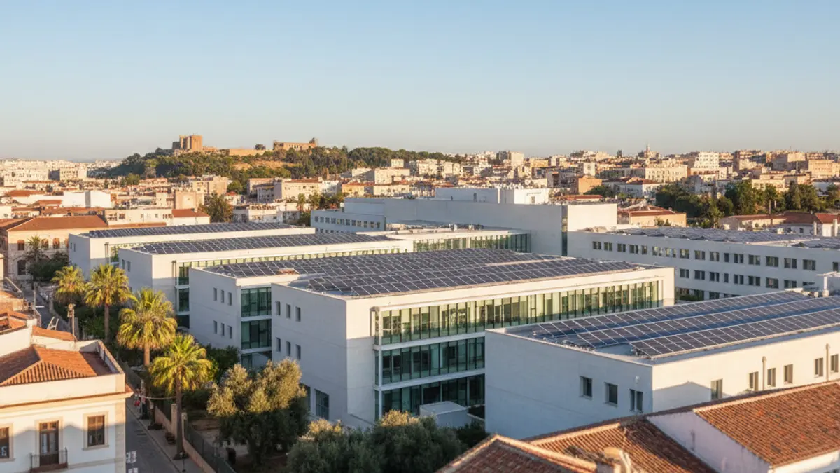 Imatge genèrica de panells solars en una teulada d'hospital.