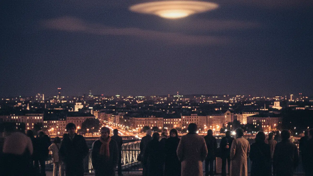 Imatge genèrica d'un objecte volador no identificat sobre una ciutat de nit.