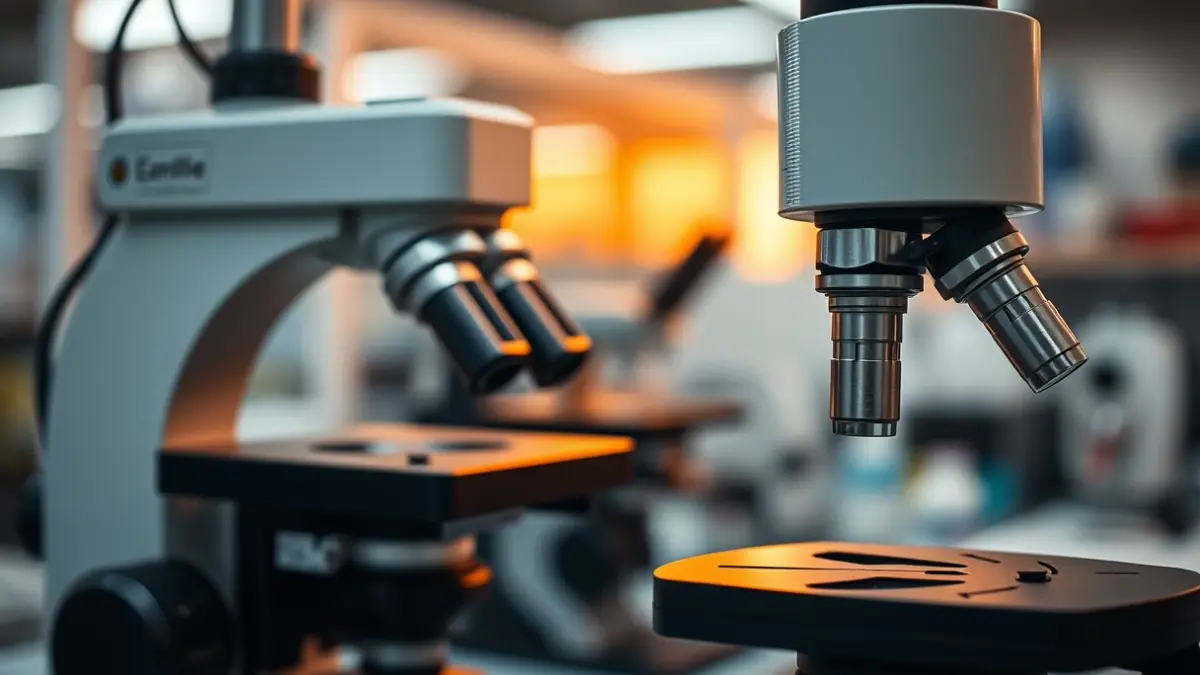 Imatge genèrica d'un microscopi en un laboratori modern, amb equipament científic desenfocat.