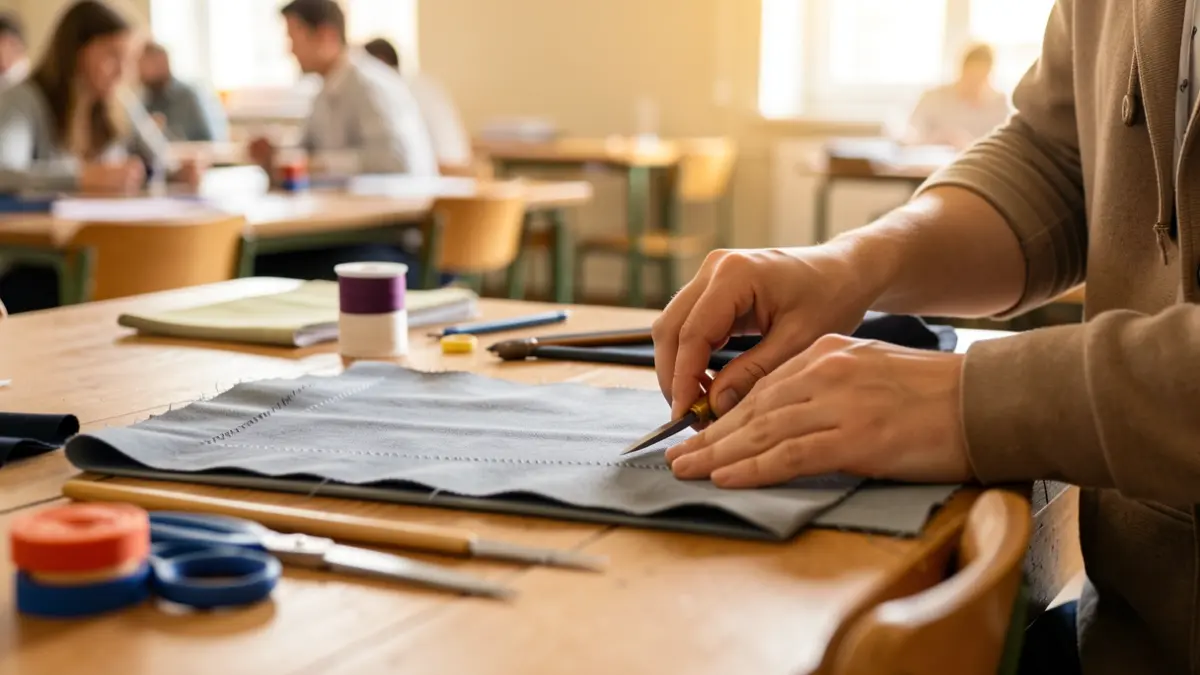 Imatge genèrica d'un estudiant treballant amb teixits en un entorn de formació professional.