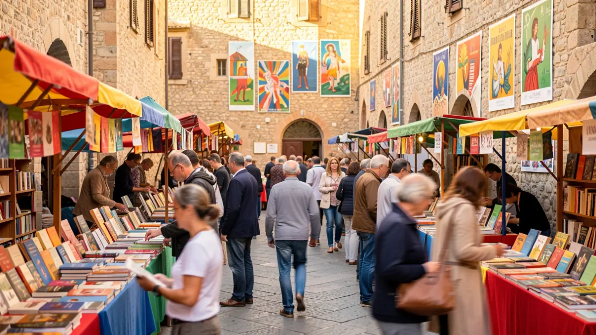 Imagen genérica de una feria literaria con puestos y público.