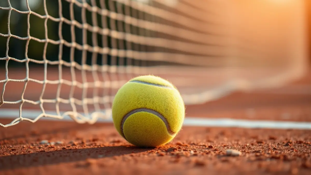 Generic image of a tennis ball on a clay court.