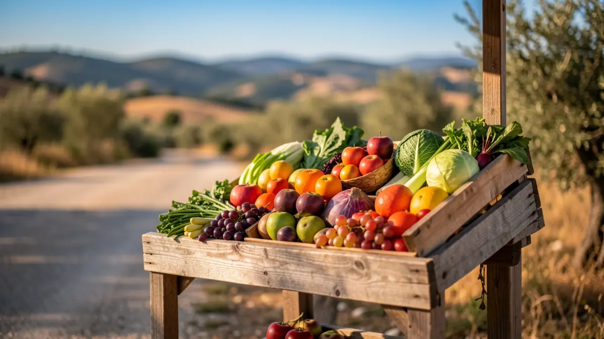 Imagen genérica de venta de fruta a pie de carretera en un entorno mediterráneo.