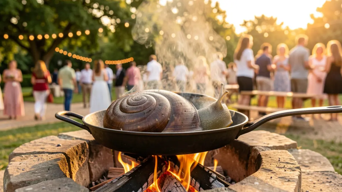 Image of a snail cooking pan during an outdoor popular festival.
