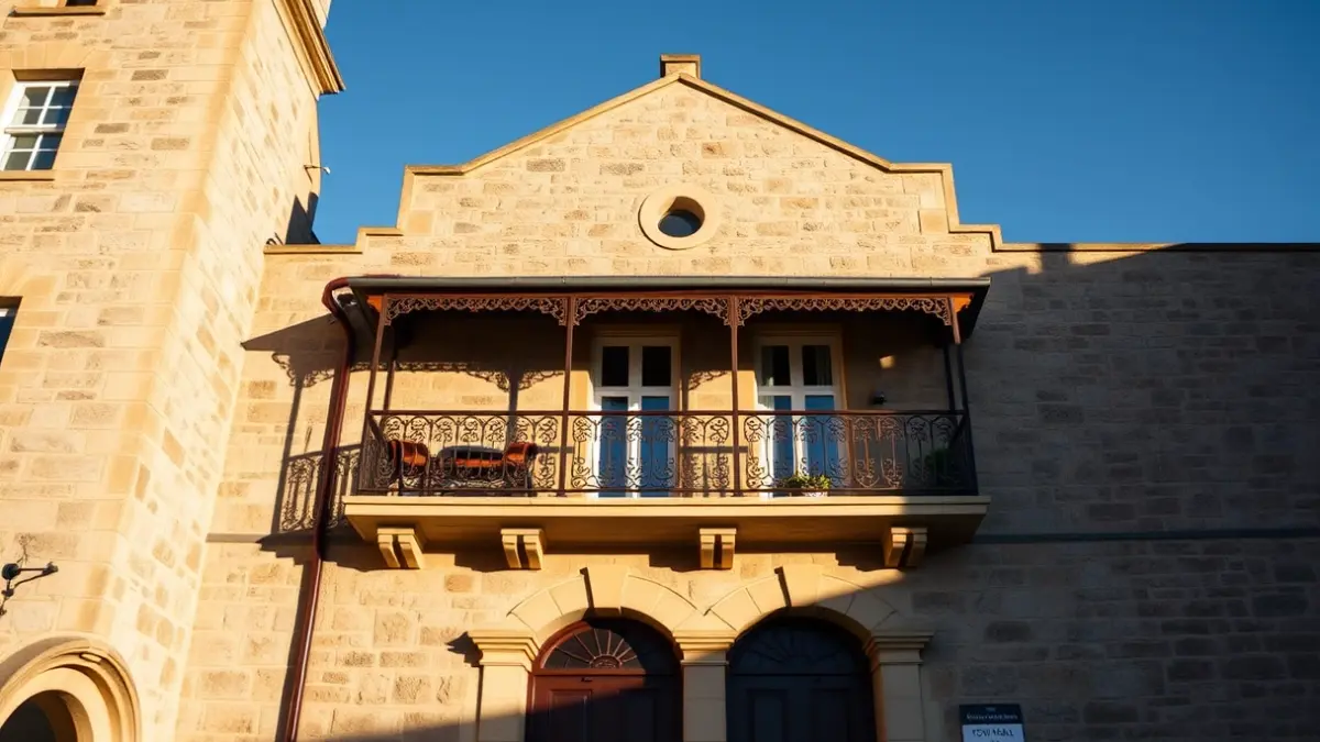 Façana d'un ajuntament de pedra amb balcó ornamentat sota la llum del sol de la tarda.