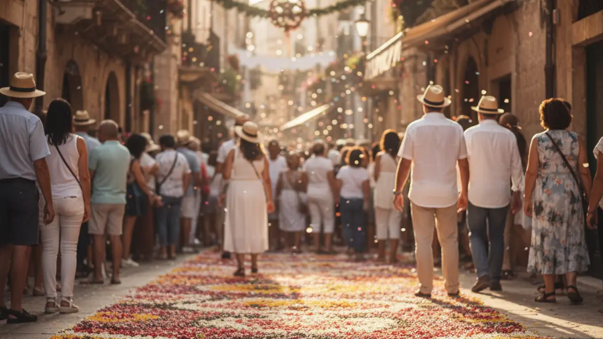 Image of a Flower Battle with colorful petals on the ground and people celebrating.