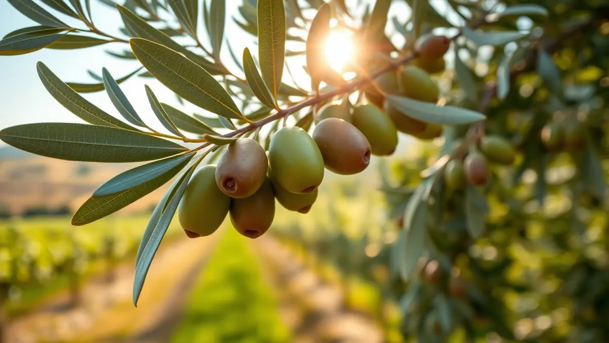 Generic image of an olive branch with olives and a vineyard in the background, representing organic agriculture.