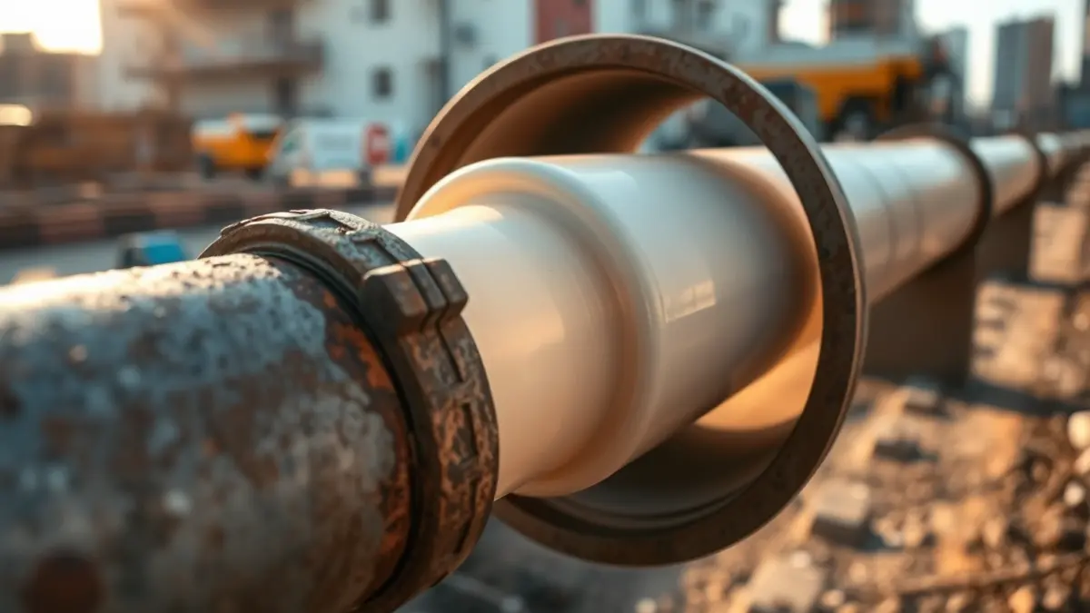 Image of a polyethylene pipe being inserted into an old pipe.