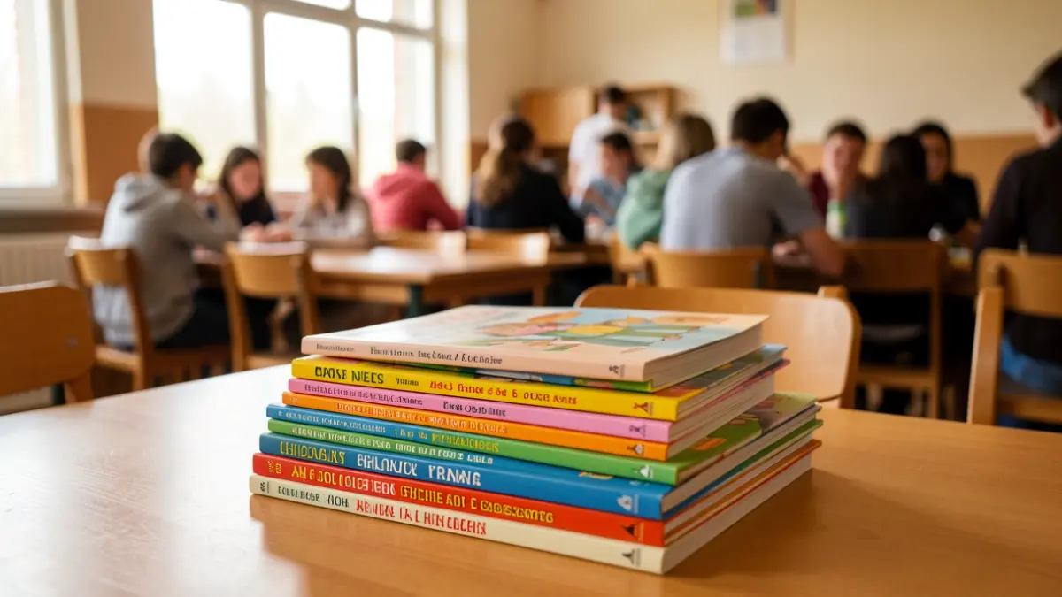 Imatge genèrica de llibres infantils en un menjador escolar.