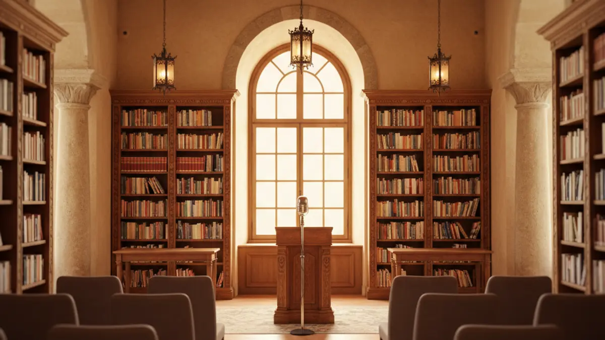 Generic image of a conference room or library, with a podium and empty chairs.