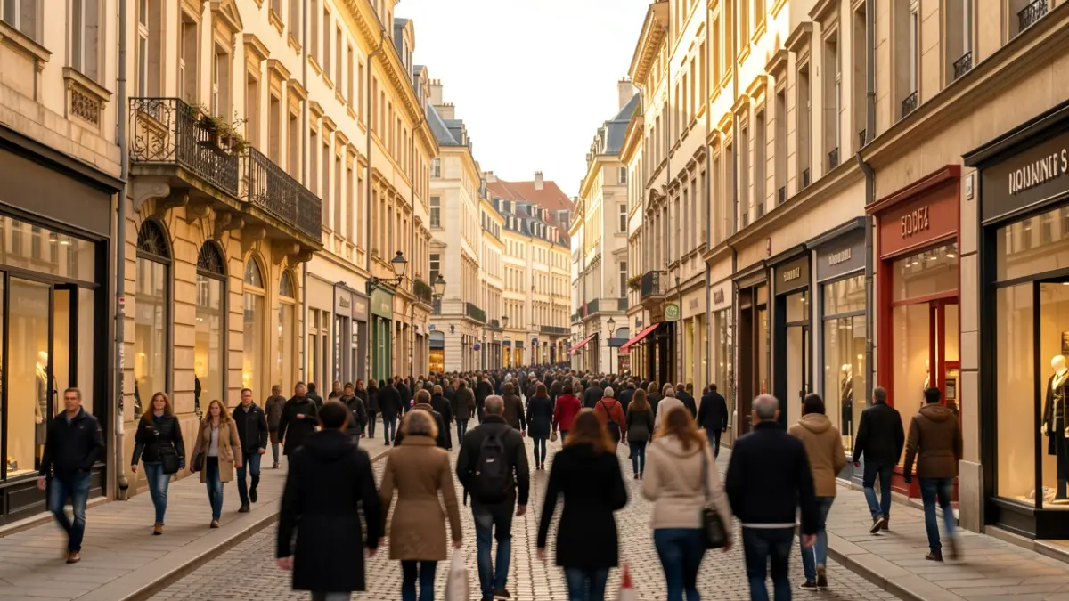 Imatge genèrica d'un carrer comercial europeu amb arquitectura històrica i gent passejant.