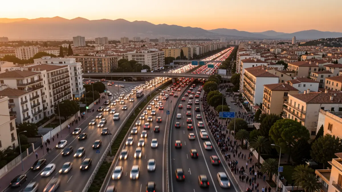 Imagen genérica de tráfico intenso en una autopista durante la puesta de sol.