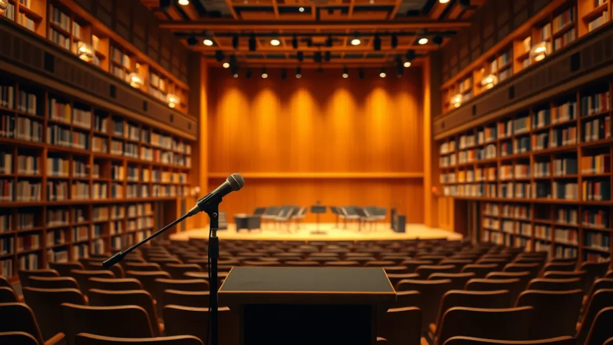 Imatge genèrica d'un escenari de concert amb instruments i faristols buits, il·luminació càlida
