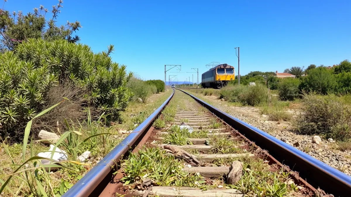 Vies de tren amb vegetació i brutícia, símbol de la deixadesa en algunes estacions.