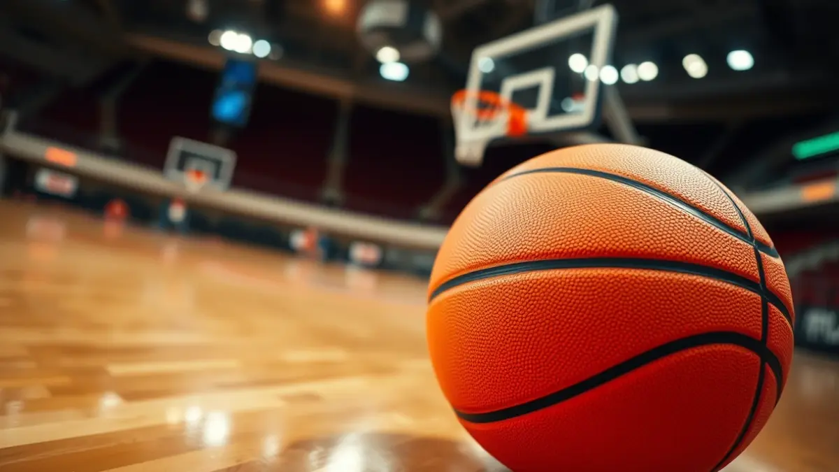 Imagen genérica de un balón de baloncesto en una cancha, con la canasta desenfocada al fondo.