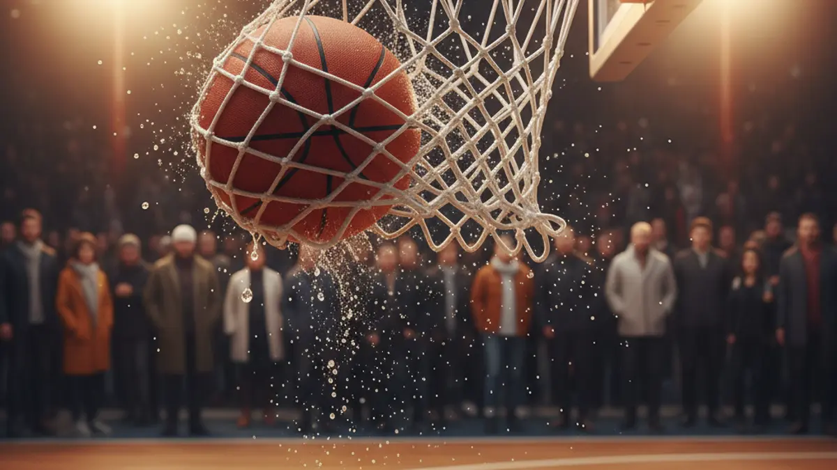 Generic image of a basketball hoop with the ball going through the net.