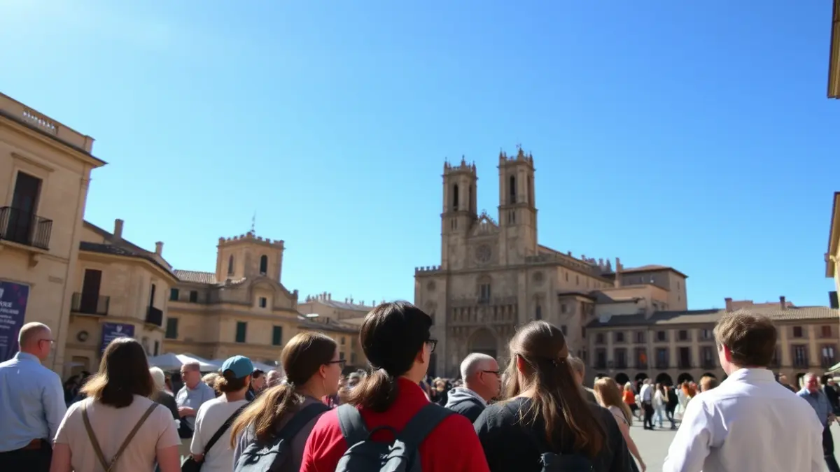 Group of people on a guided tour through a historic town in Catalonia.