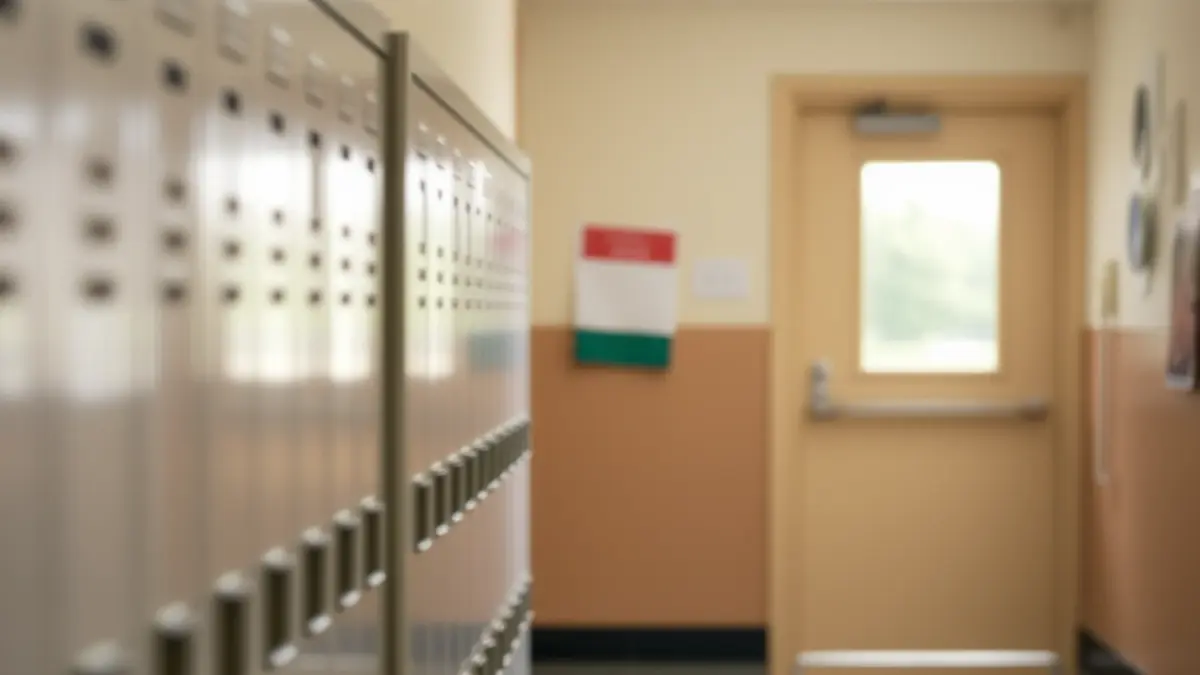 Generic image of a high school hallway, with lockers and a closed door.