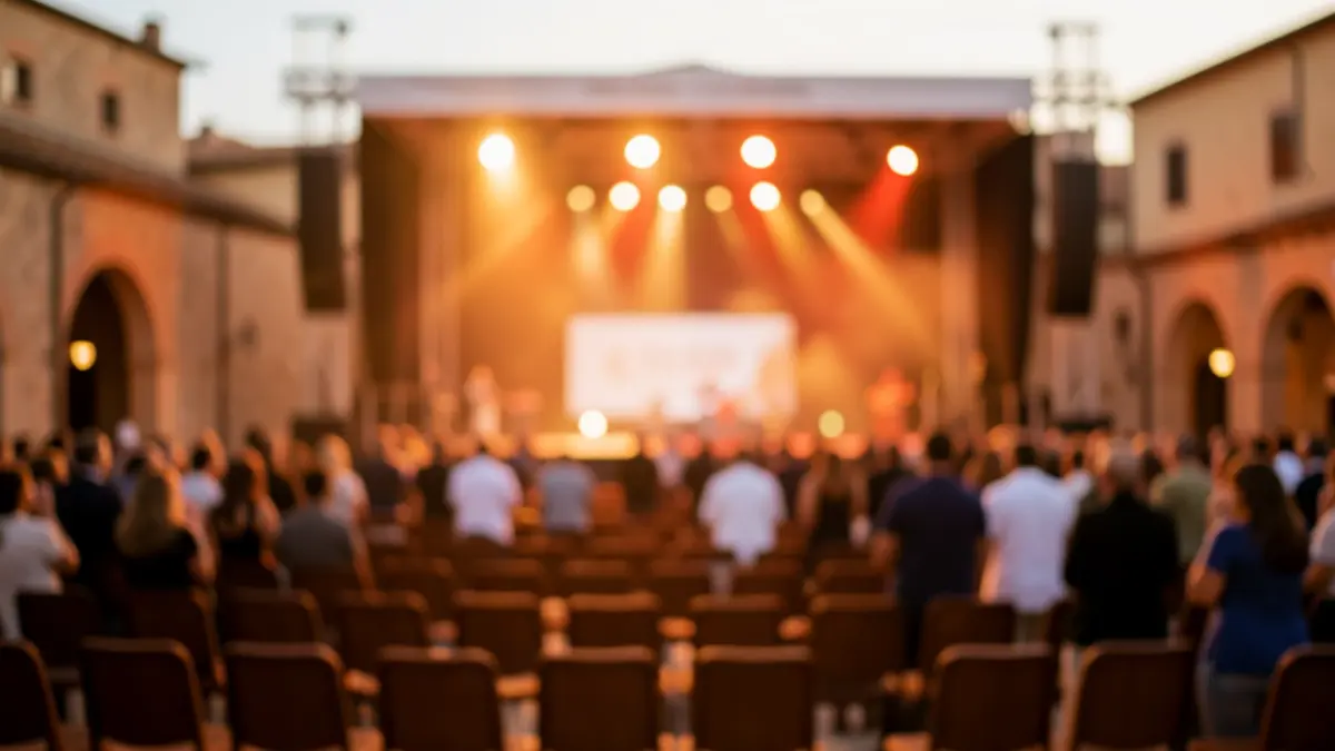 Imagen genérica de un escenario de concierto vacío con luces cálidas.