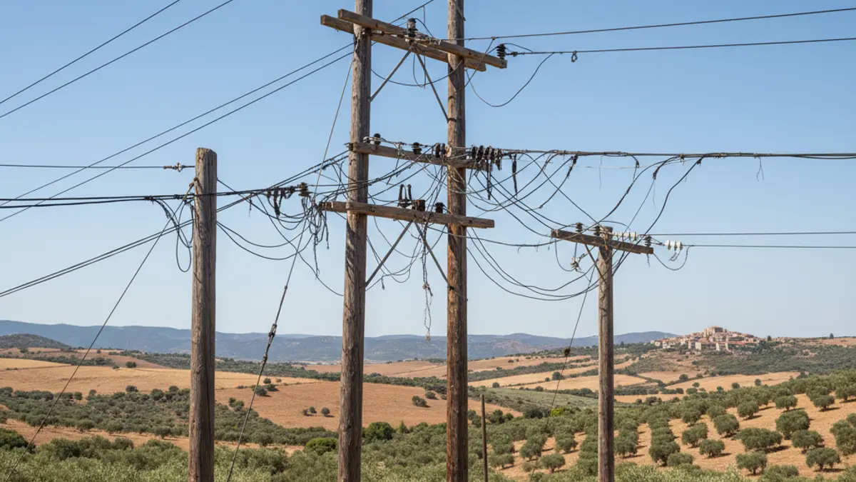 Old wooden poles with electrical wires in a rural Mediterranean landscape.