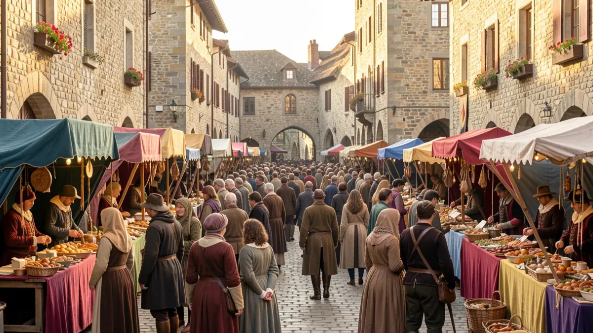 Imagen genérica de un mercado medieval con puestos y gente.