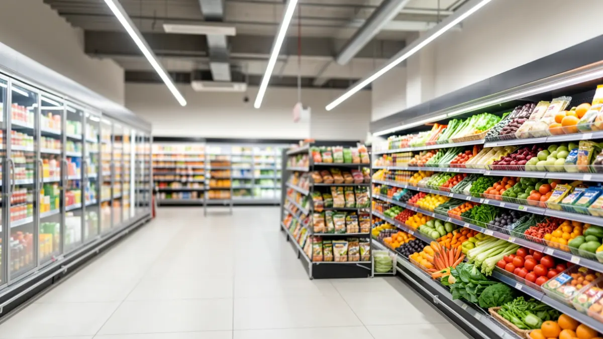 Imatge genèrica de l'interior d'un supermercat modern amb productes frescos.