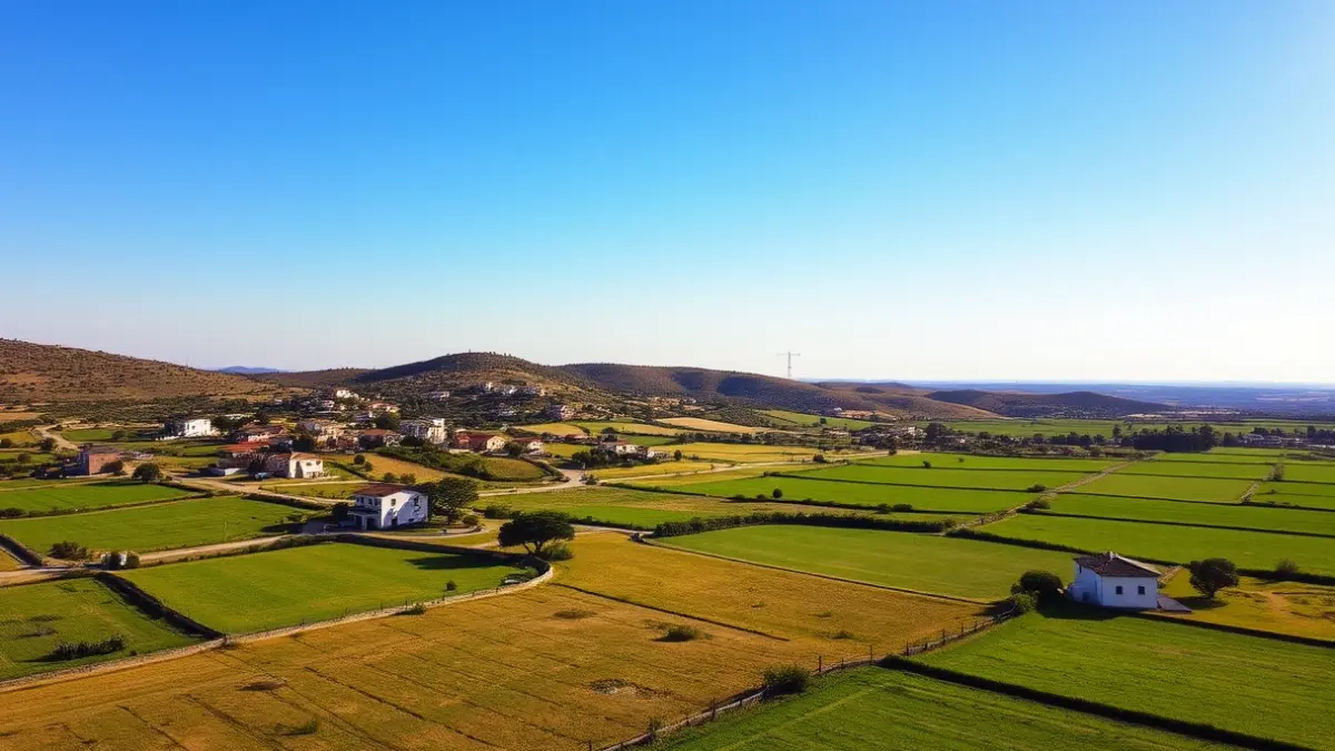 Aerial view of scattered houses in a rural area with green fields.