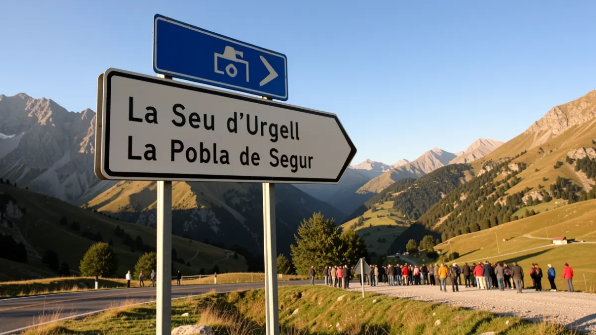 Senyal de trànsit indicant La Seu d'Urgell i La Pobla de Segur al Pirineu.