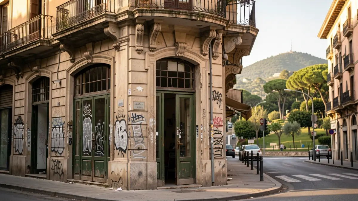 Imagen genérica de fachada de un edificio comercial histórico abandonado en Barcelona.
