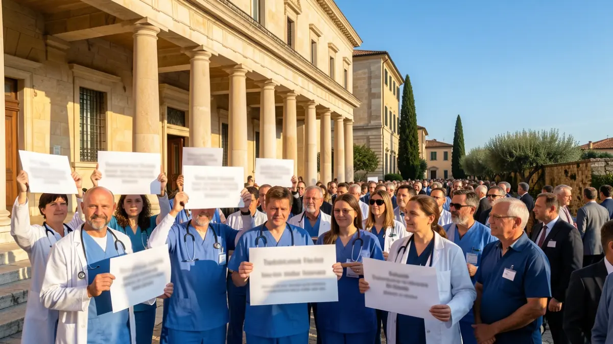 Imatge genèrica de metges manifestant-se davant d'un edifici institucional.
