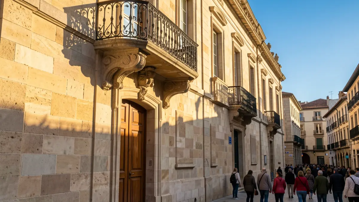 Imagen genérica de la fachada de un edificio histórico de piedra con balcón y cielo azul.