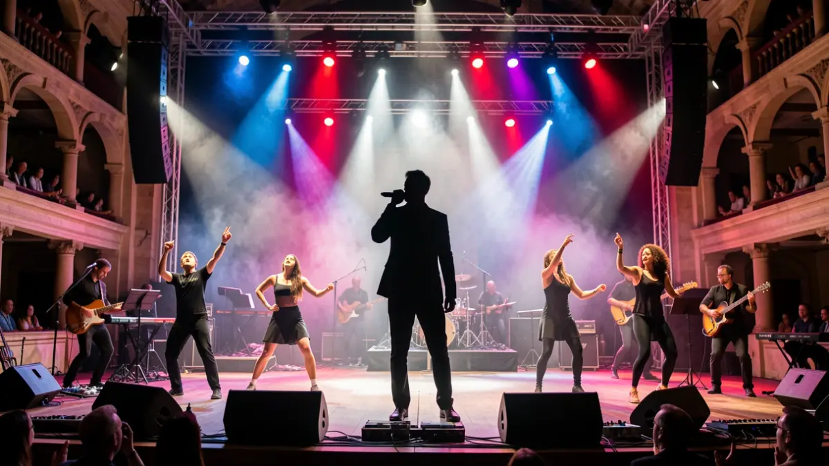 Imatge genèrica d'un concert amb llums i artistes.