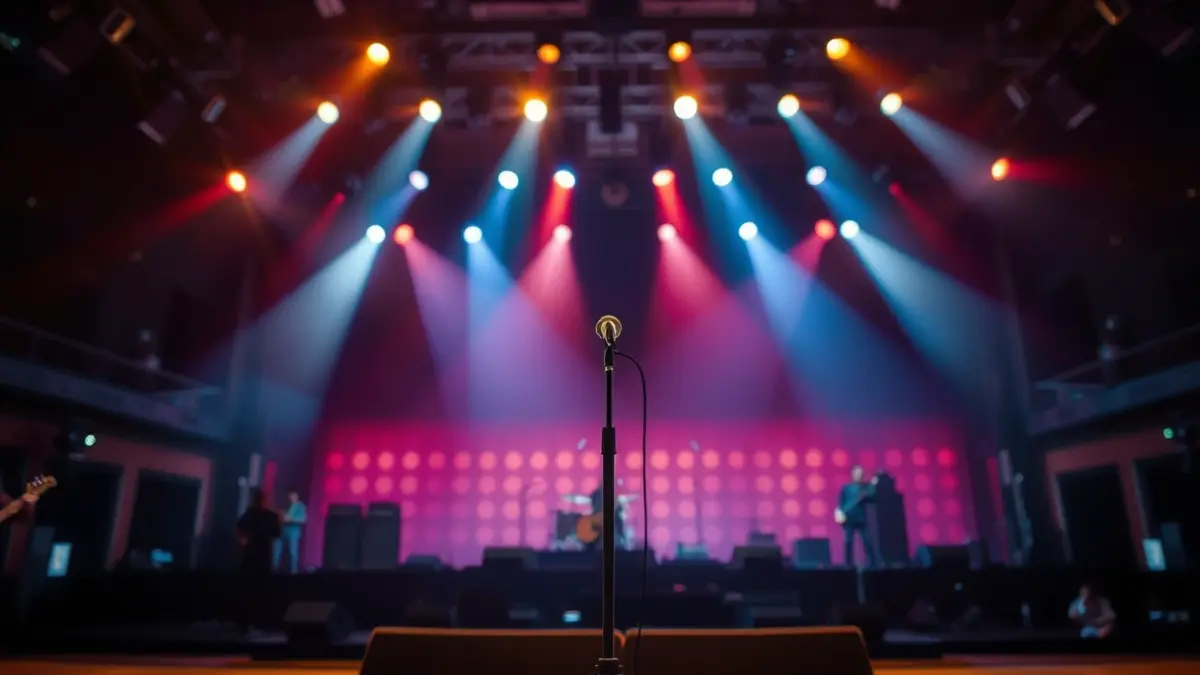 Imatge genèrica d'un escenari de concert amb un micròfon i instruments.