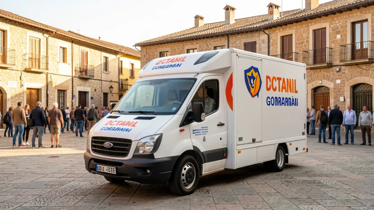Generic image of a Catalan Government InfoTruck parked in a town square.