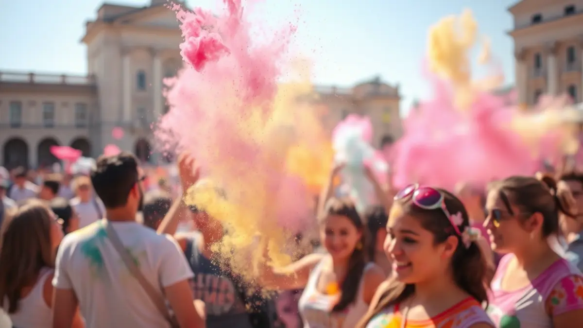Imagen genérica de una fiesta Holi con polvos de colores en el aire.