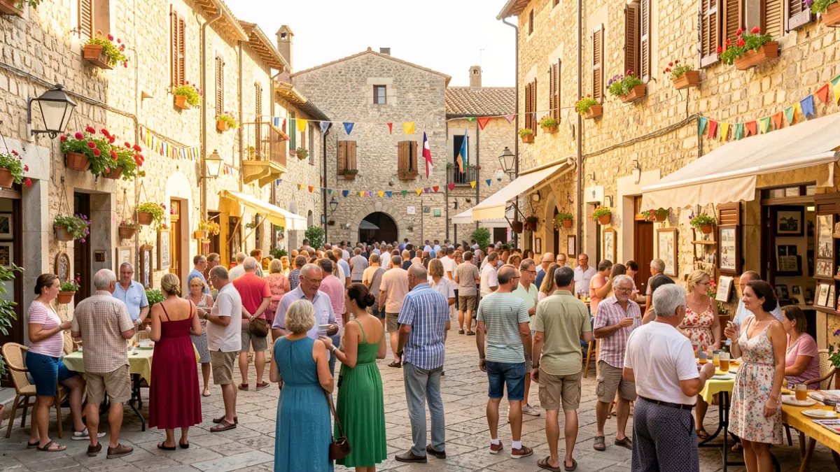 Imatge genèrica d'una plaça de poble plena de gent celebrant una festa.