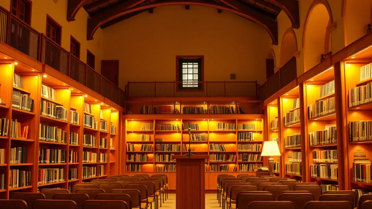 Imatge genèrica d'una sala de conferències o biblioteca amb un faristol i cadires buides.