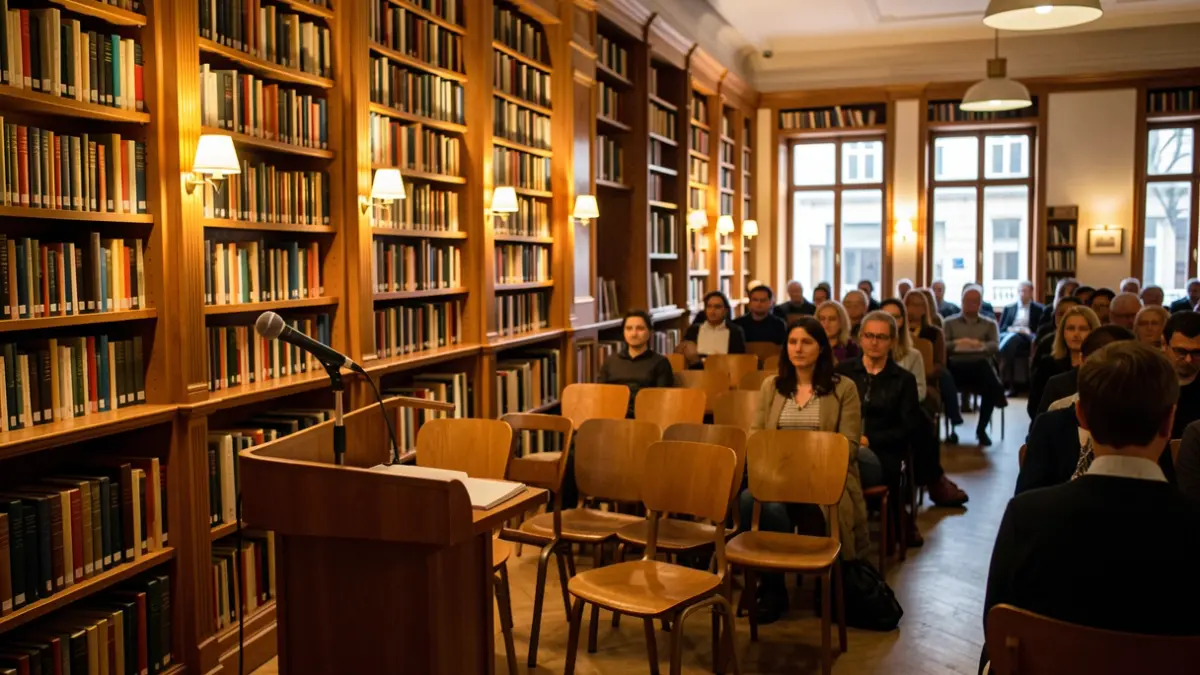Imatge d'una sala d'actes amb cadires i un micròfon, ambient cultural.