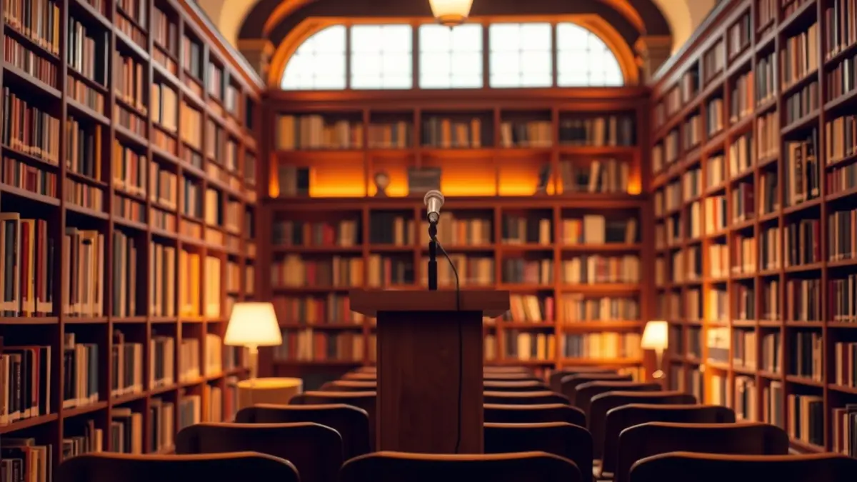 Imagen genérica de un interior de biblioteca con estanterías de madera y un podio con micrófono, simbolizando un evento cultural.