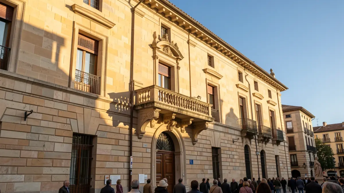 Imagen genérica de la fachada de un edificio histórico con balcón y luz cálida.