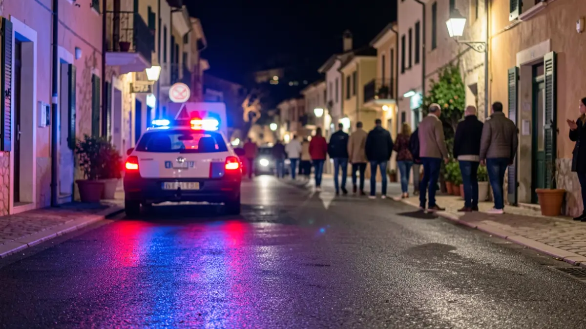 Imagen genérica de luces de emergencia policiales reflejándose en asfalto mojado por la noche.
