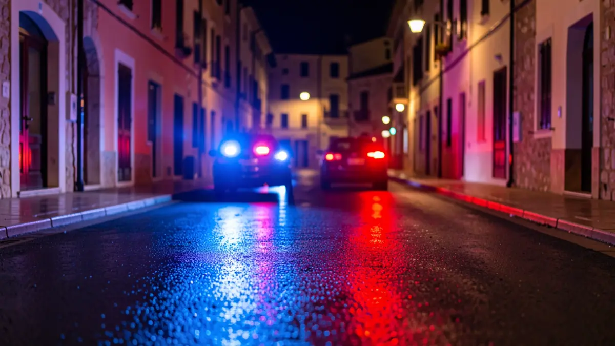 Generic image of police emergency lights reflecting on wet asphalt at night.