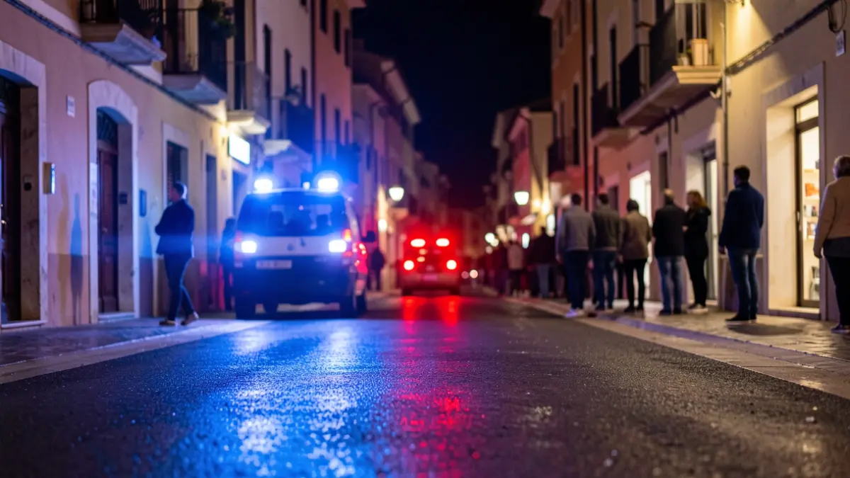 Imagen genérica de luces de emergencia policiales reflejándose sobre asfalto mojado por la noche.
