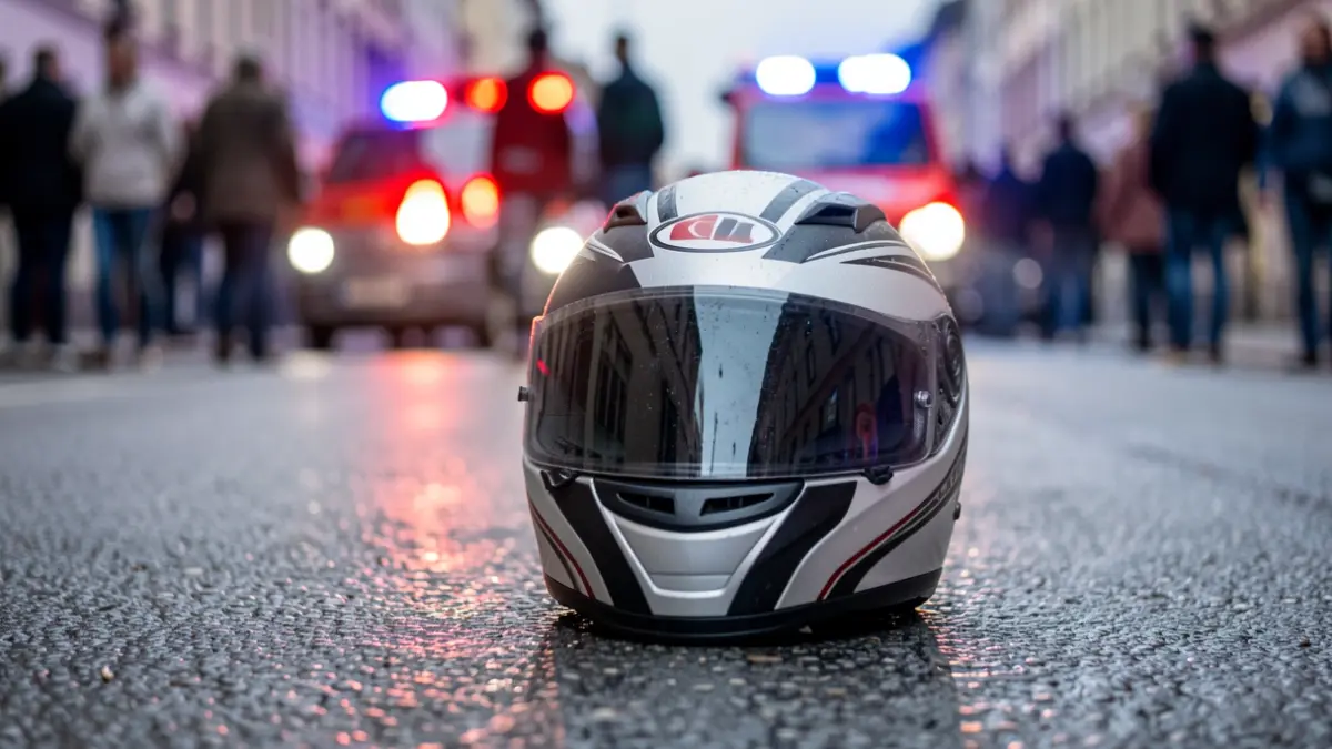 Imatge genèrica d'un casc de moto a terra amb llums d'emergència.