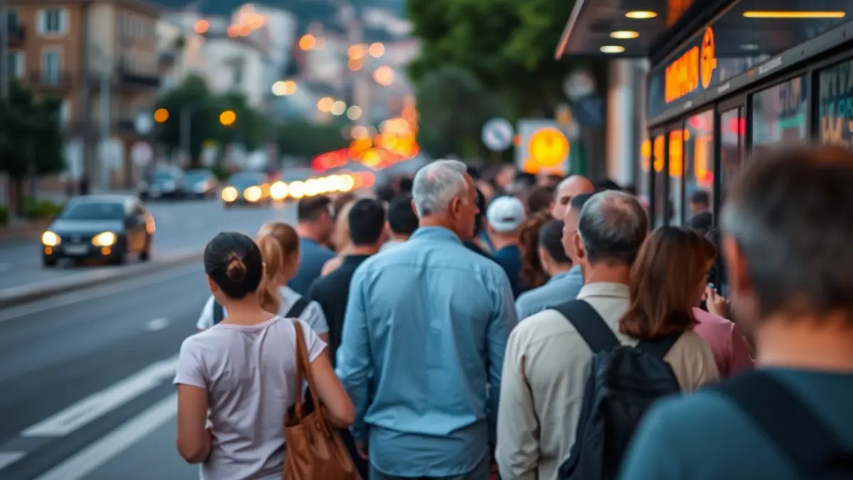 Imagen genérica de una larga cola de personas esperando en una parada de autobús.